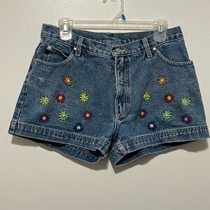 Juniors Y2K Hi Rise Denim Shorts 11 Rainbow Floral Embroidered Hippie Whimsical